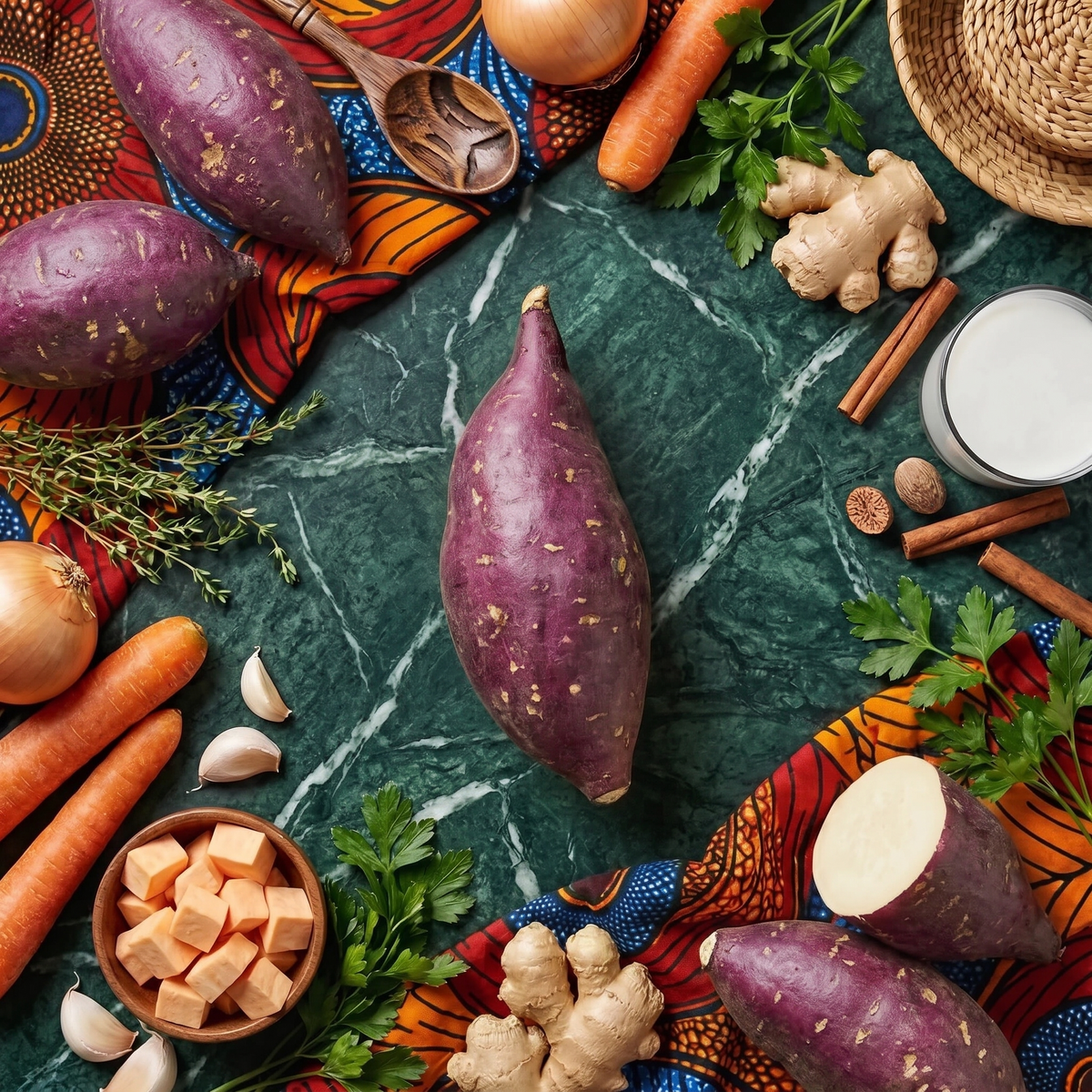 Patate douce à peau violette et chair blanche, 1kg sur table avec légumes, épices et tissu coloré.