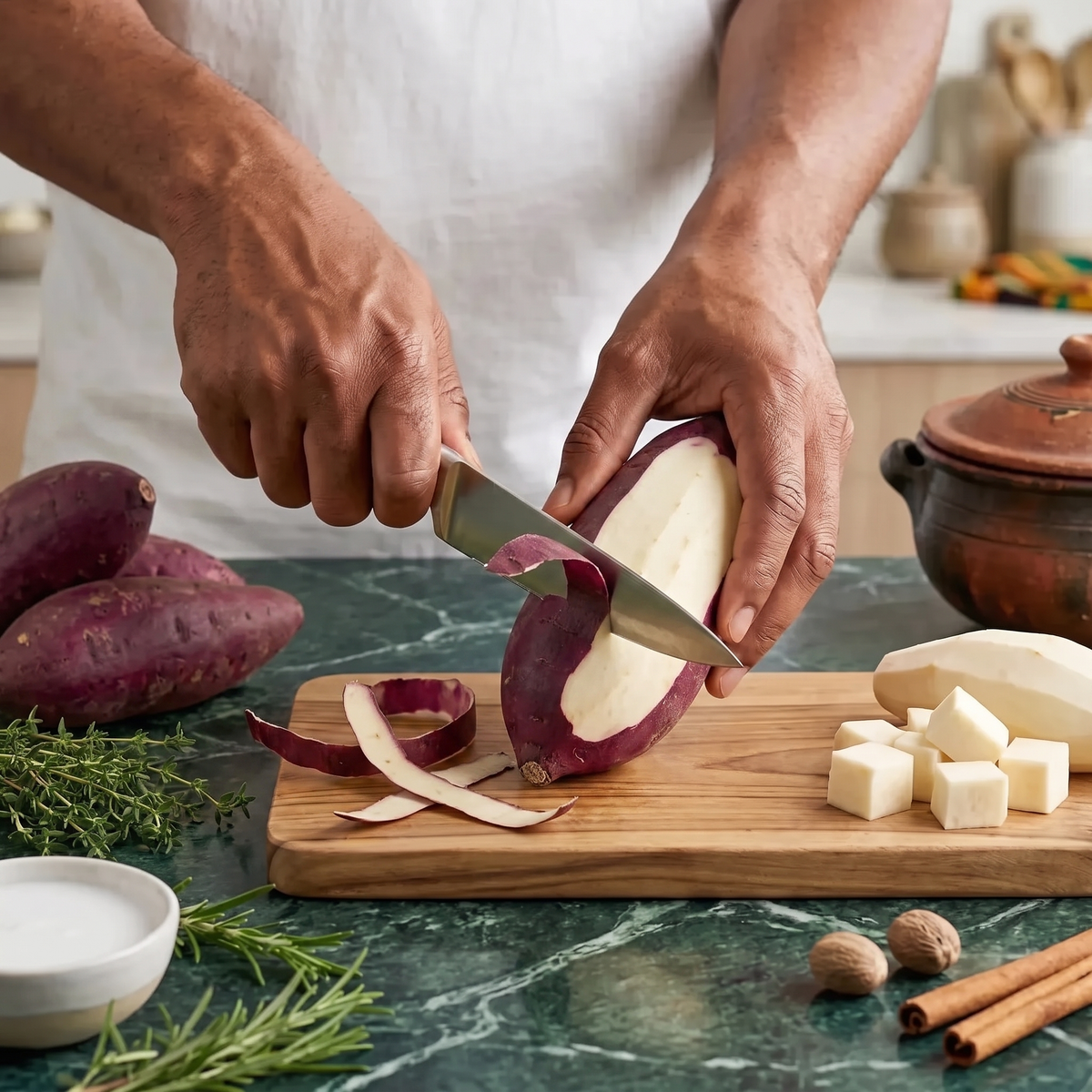 Patate douce à peau violette et chair blanche : personne épluchant à la cuisine sur une planche.