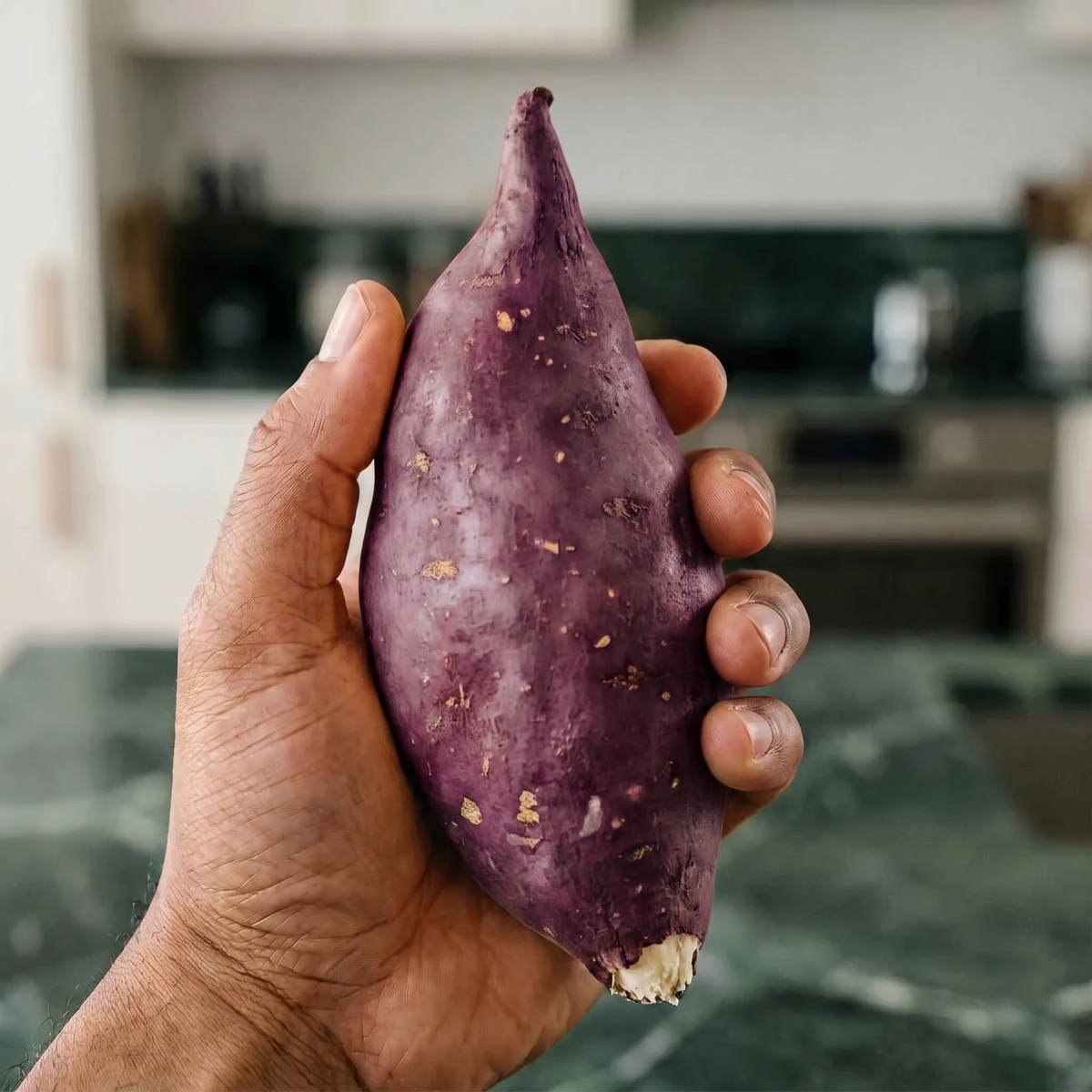 Patate douce à peau violette et chair blanche tenue en main dans une cuisine.