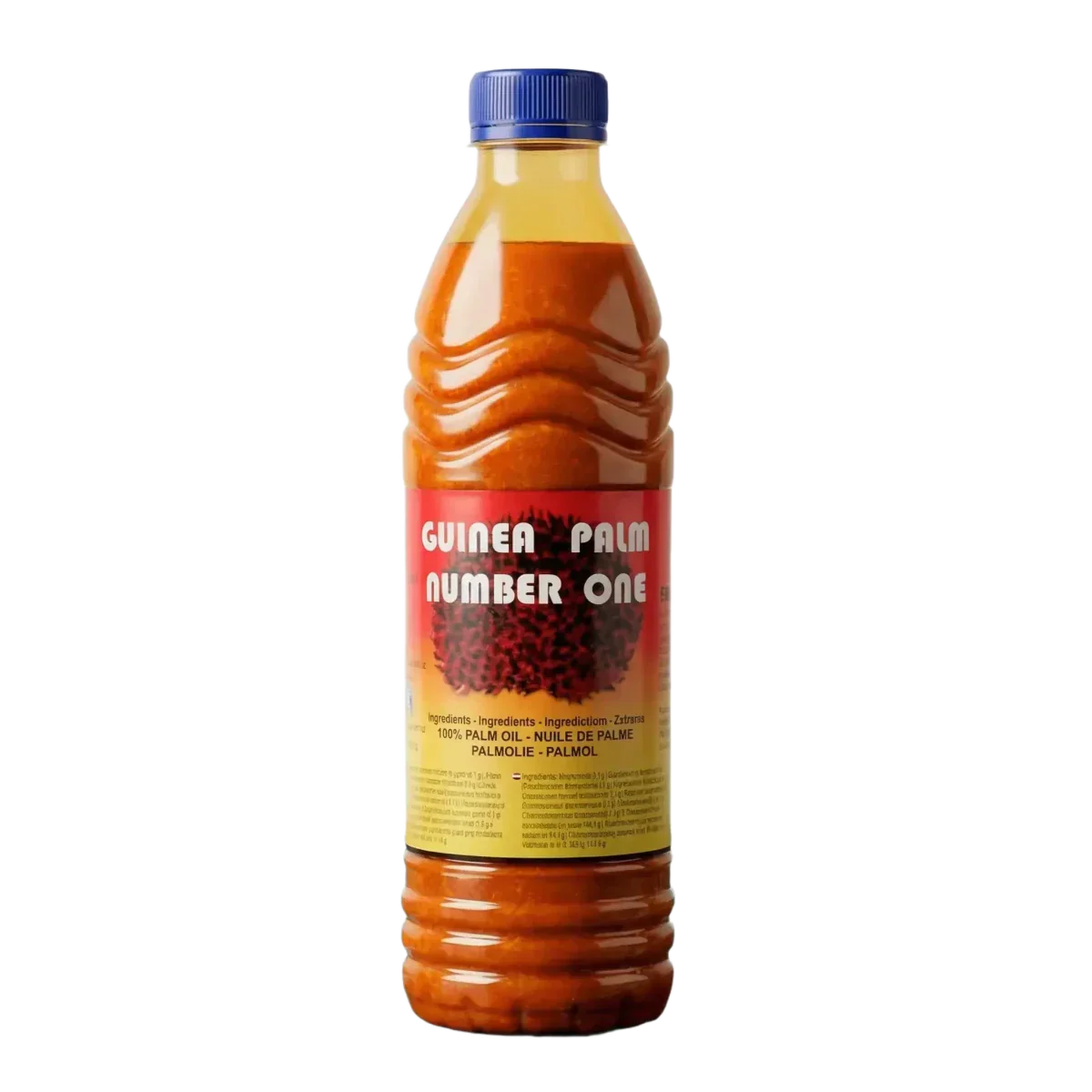 Guinea Palm Number One palmolie in plastic fles, op effen achtergrond.
