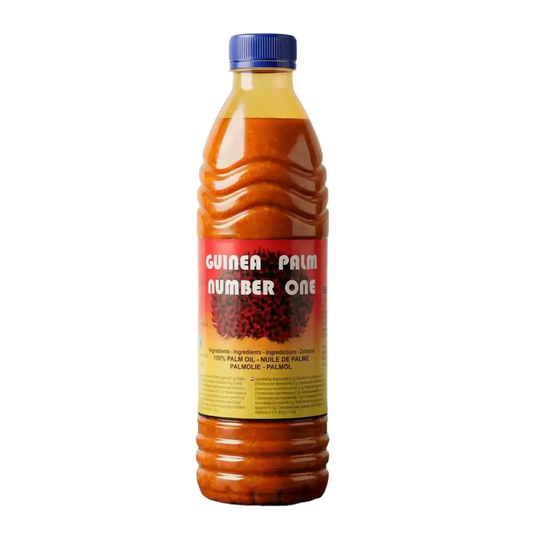 Guinea Palm Number One palmolie in plastic fles, op effen achtergrond.