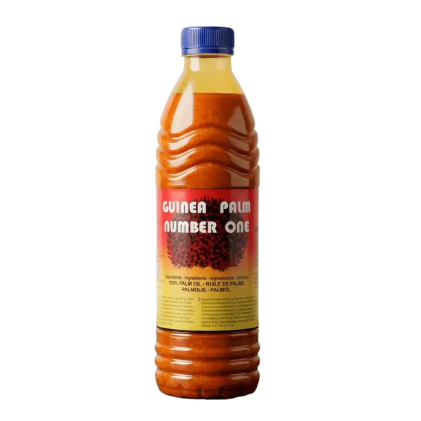 Huile de palme Guinea Palm Number One en bouteille plastique, sur fond uni.