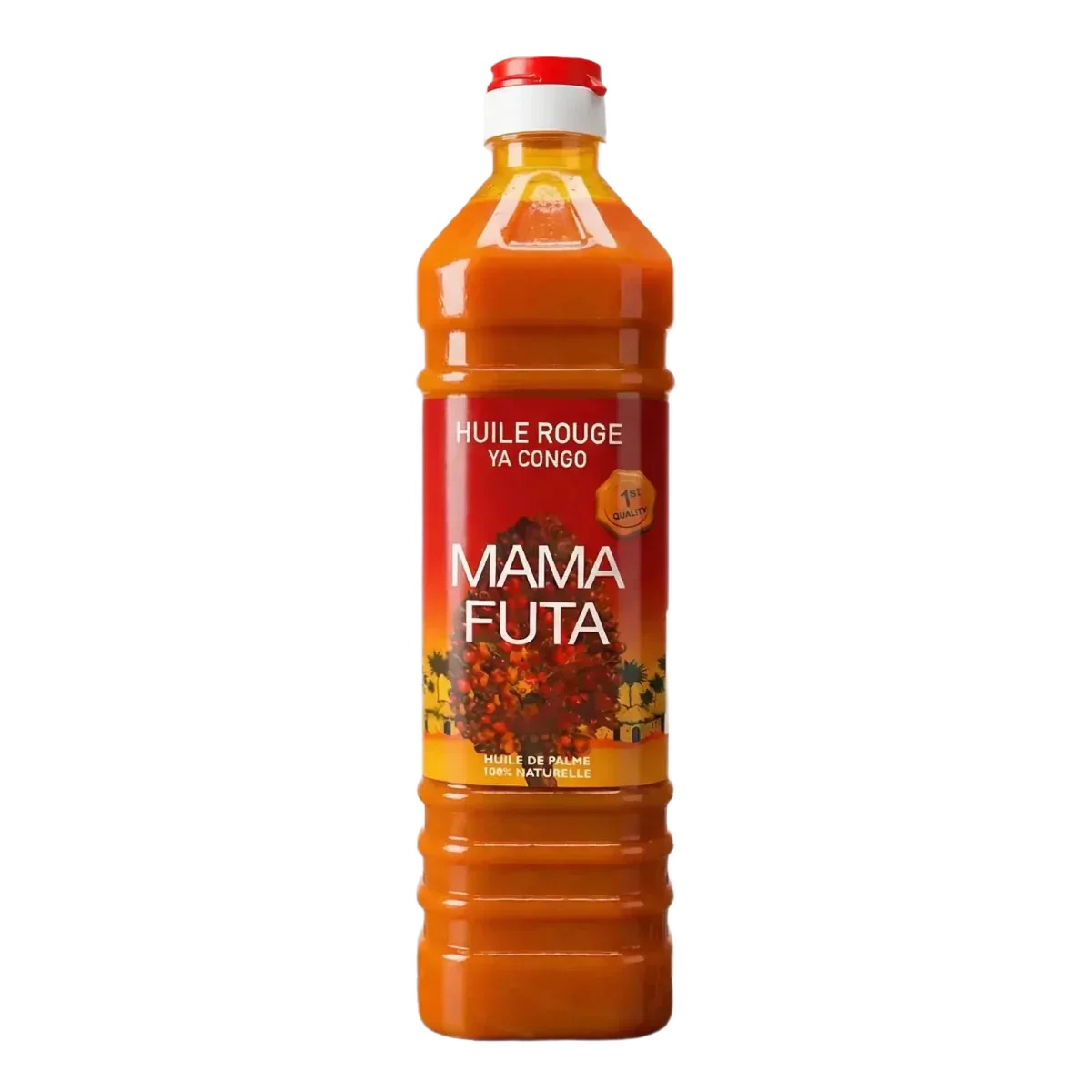 MAMA FUTA palmolie, 750g. Fles rode palmolie op zwarte achtergrond.