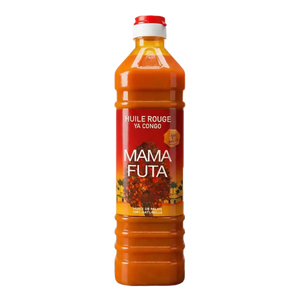Huile de palme MAMA FUTA, 750g. Bouteille d'huile de palme rouge sur fond noir.