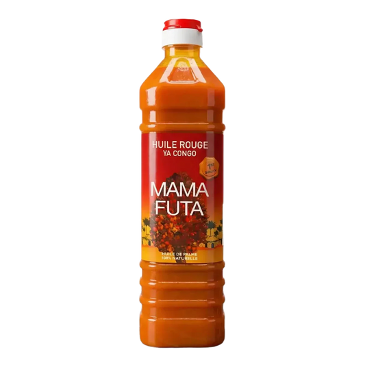 Huile de palme MAMA FUTA, 750g. Bouteille d'huile de palme rouge sur fond noir.