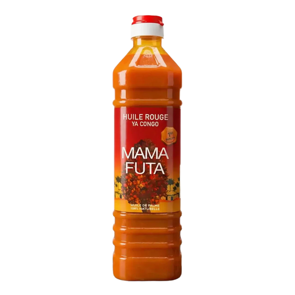 Huile de palme MAMA FUTA, 750g. Bouteille d'huile de palme rouge sur fond noir.