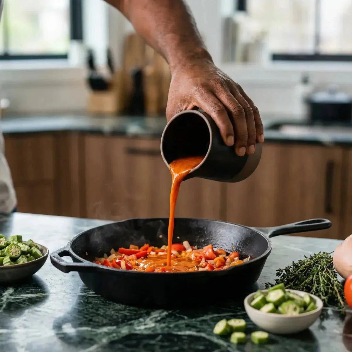 MAMA FUTA, aceite de palma vertido en una sartén con verduras. Preparación culinaria en la cocina.
