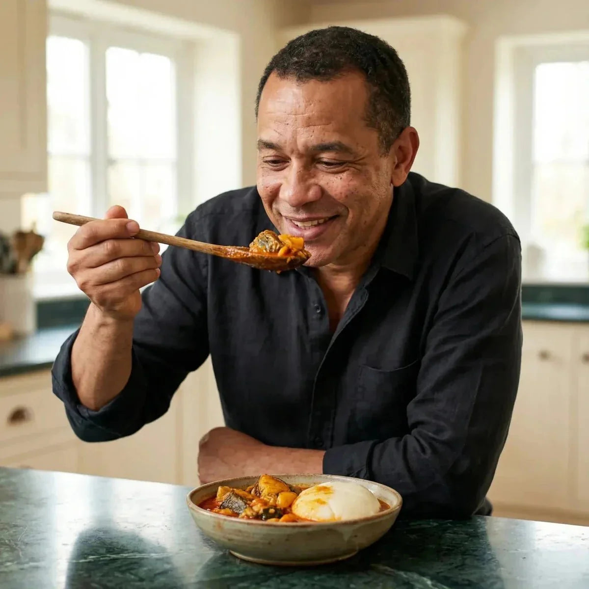 Un hombre disfruta un plato hecho con aceite de palma MAMA FUTA (750g) en una cocina luminosa.