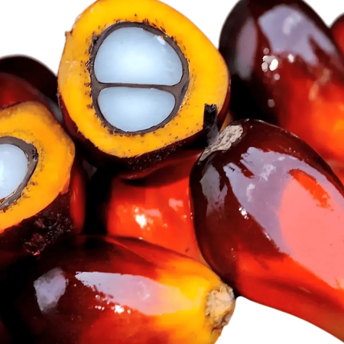 Aceite de palma MAMA FUTA vendido en lote, con un color rojo anaranjado profundo.