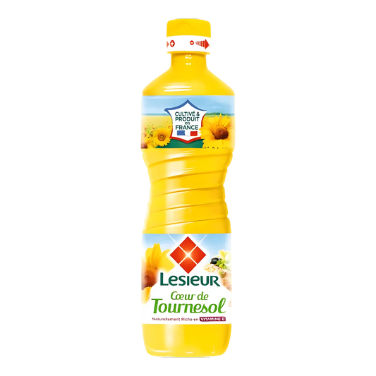 Bouteille d'huile de tournesol Lesieur 1L, idéale pour cuisson, friture et assaisonnement. Huile végétale riche en vitamine E.
