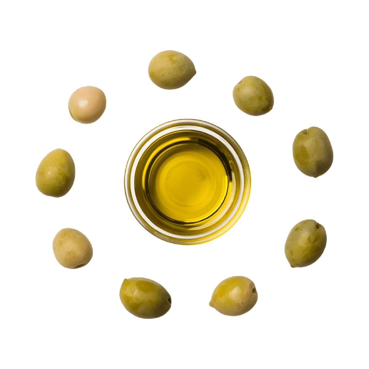 Bol d'huile d'olive entouré d'olives vertes, illustrant la richesse et la pureté de l'huile d'olive PUGET - Goût riche | Polyvalence culinaire.