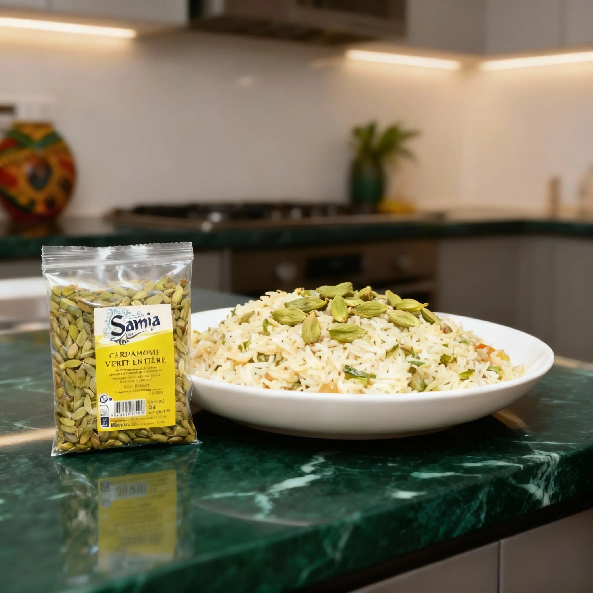 Cardamome verte entière SAMIA - Bio à côté d’un plat de riz parfumé. Épice aromatique parfaite pour plats salés. Épicerie salée premium.