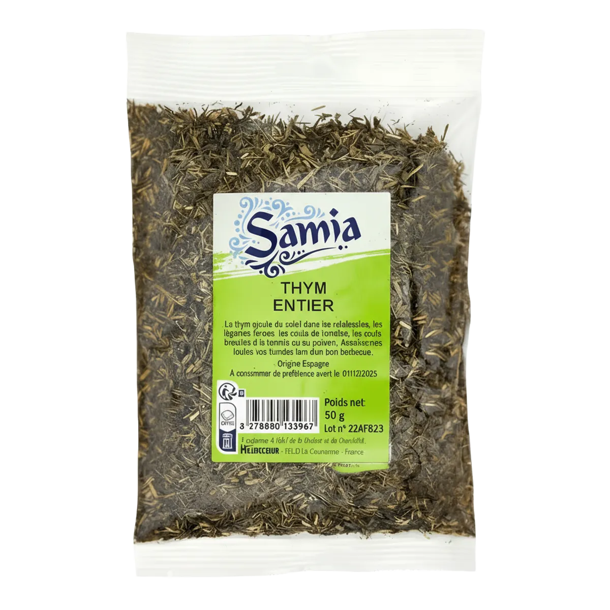 Thym entier SAMIA - Herbe culinaire séchée en sachet de 50g, parfait pour assaisonner plats méditerranéens, viandes et sauces.