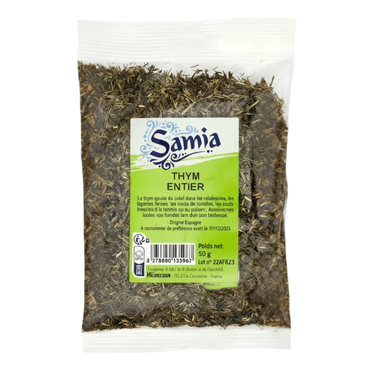 Thym entier SAMIA - Herbe culinaire séchée en sachet de 50g, parfait pour assaisonner plats méditerranéens, viandes et sauces.