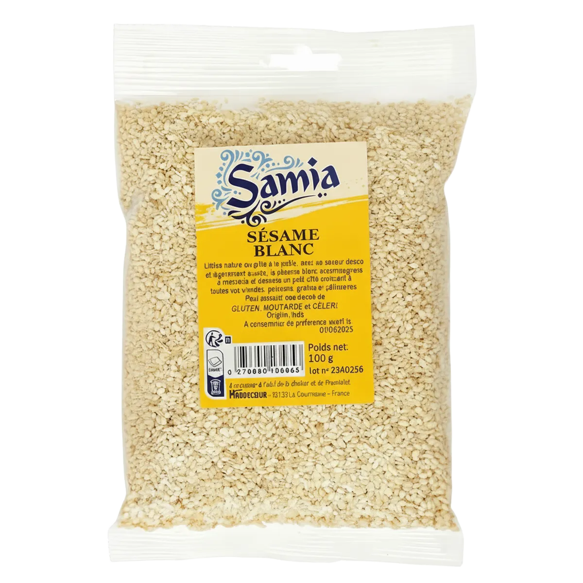 Graines de sésame blanc SAMIA en sachet de 100g, idéales pour recettes sucrées ou salées. Saveur délicate et riche en nutriments.