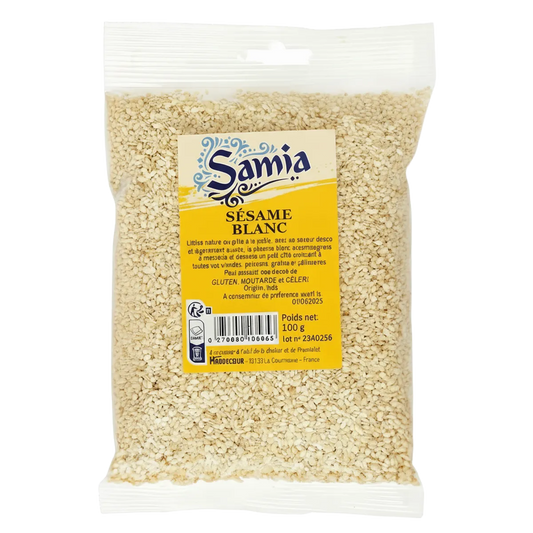 Graines de sésame blanc SAMIA en sachet de 100g, idéales pour recettes sucrées ou salées. Saveur délicate et riche en nutriments.