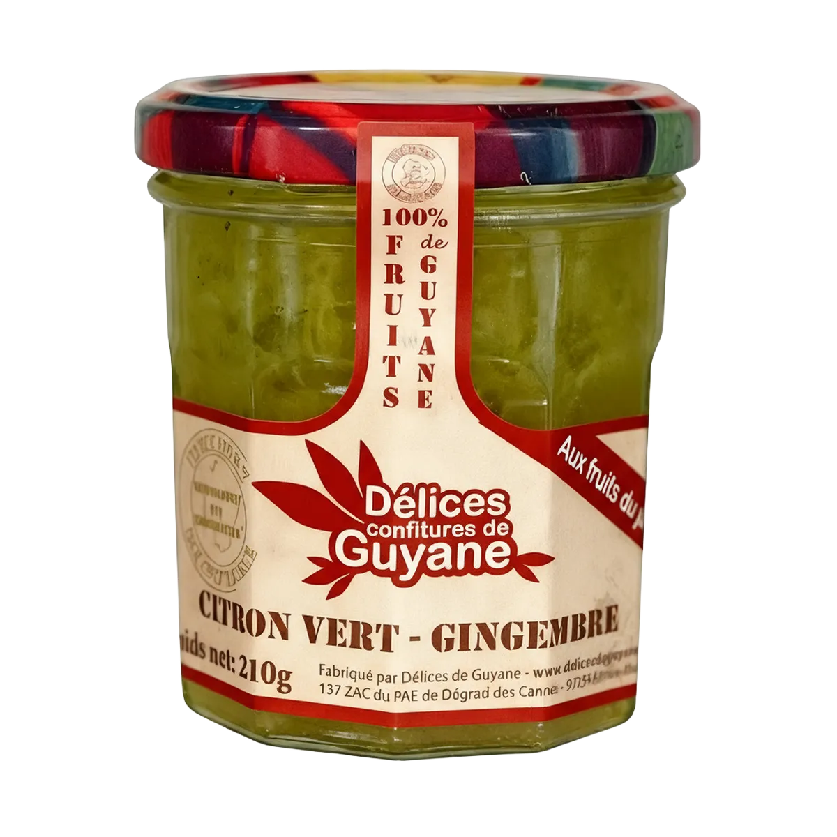 Confiture Citron Vert Gingembre DÉLICES DE GUYANE en pot de 210g, texture onctueuse et 100% fruits, idéale pour l'épicerie sucrée tropicale.