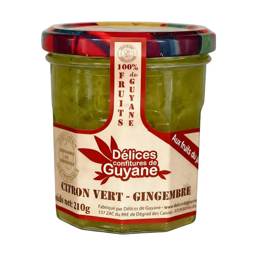 Confiture Citron Vert Gingembre DÉLICES DE GUYANE en pot de 210g, texture onctueuse et 100% fruits, idéale pour l'épicerie sucrée tropicale.