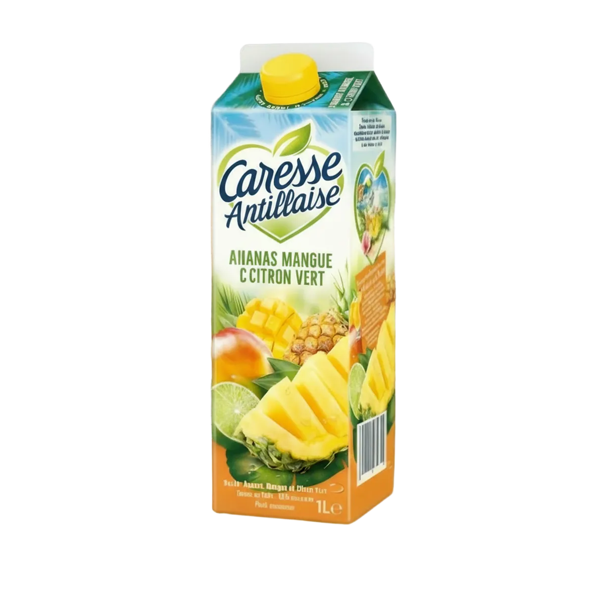 Brique de nectar Ananas Mangue Citron Vert Caresse Antillaise 1L, boisson fruitée rafraîchissante aux saveurs exotiques. Idéal pour les amateurs de jus tropicaux.