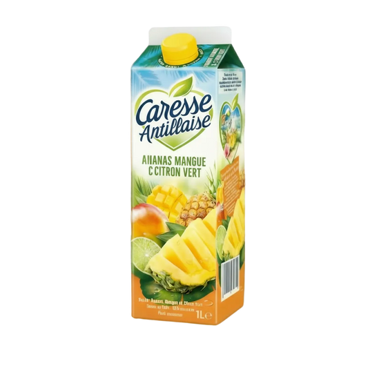 Brique de nectar Ananas Mangue Citron Vert Caresse Antillaise 1L, boisson fruitée rafraîchissante aux saveurs exotiques. Idéal pour les amateurs de jus tropicaux.