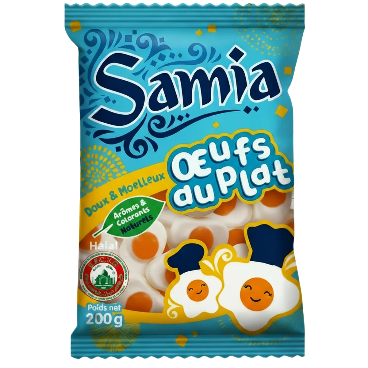 Bonbons Oeufs Halal SAMIA 200g, gélifiés doux et moelleux, certifiés halal avec arômes naturels, emballage coloré pour épicerie sucrée.