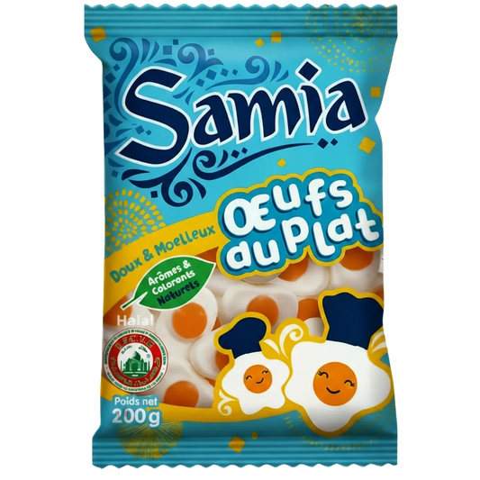 Bonbons Oeufs Halal SAMIA 200g, gélifiés doux et moelleux, certifiés halal avec arômes naturels, emballage coloré pour épicerie sucrée.