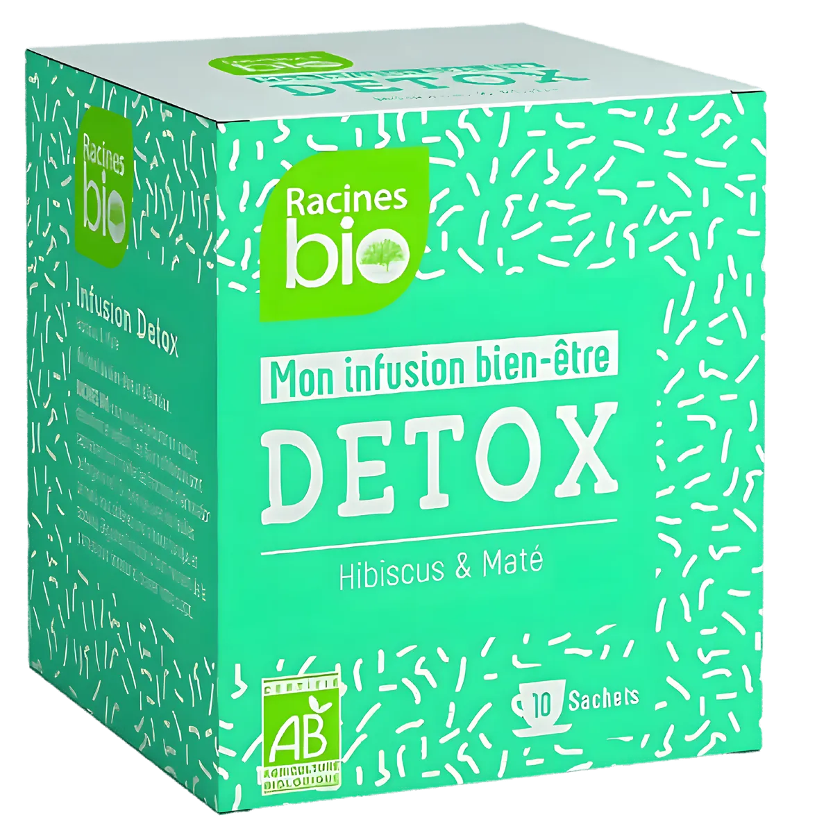 Boîte d'infusion Detox BIO RACINES bien-être, hibiscus et maté, 10 sachets. Mélange d'herbes bio pour une pause revitalisante.