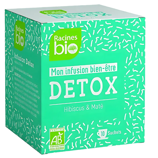 Boîte d'infusion Detox BIO RACINES bien-être, hibiscus et maté, 10 sachets. Mélange d'herbes bio pour une pause revitalisante.