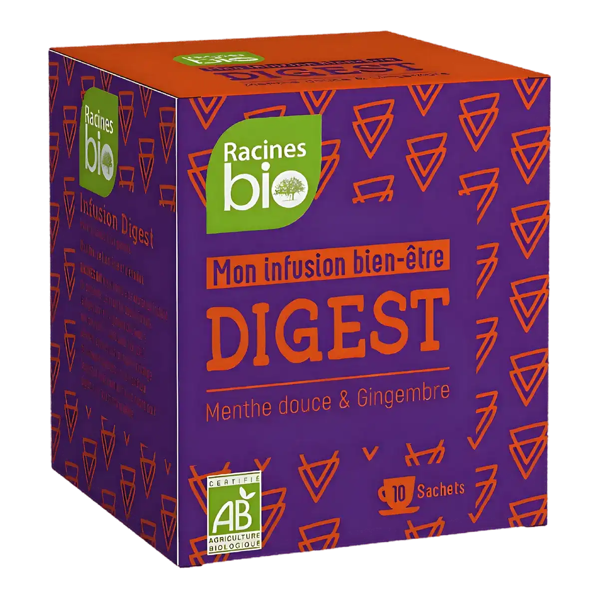 Boîte d'infusion digestive BIO Racines bien-être, saveur menthe douce et gingembre, 10 sachets pour confort digestif naturel.
