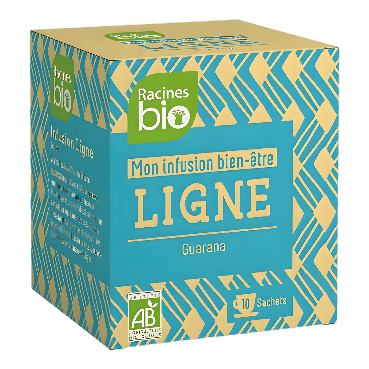 Infusion Bien Être Ligne BIO RACINES au guarana, boîte de 10 sachets, mélange de plantes bio pour la détente et le bien-être quotidien.