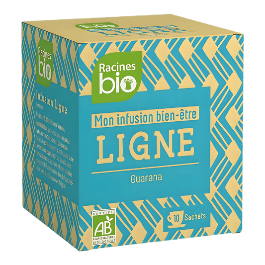 Infusion Bien Être Ligne BIO RACINES au guarana, boîte de 10 sachets, mélange de plantes bio pour la détente et le bien-être quotidien.