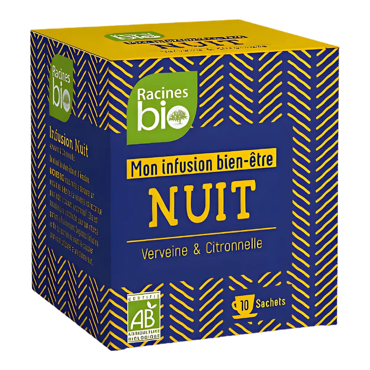 Boîte d'Infusion Nuit BIO Racines à la verveine et citronnelle, idéale pour la détente et le sommeil. Infusion bien-être certifiée bio.