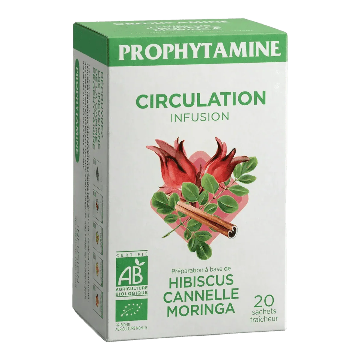 Biologische infusiedoos Circulatie PROPHYTAMINE, smaken hibiscus, kaneel en moringa.