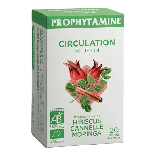 Biologische infusiedoos Circulatie PROPHYTAMINE, smaken hibiscus, kaneel en moringa.