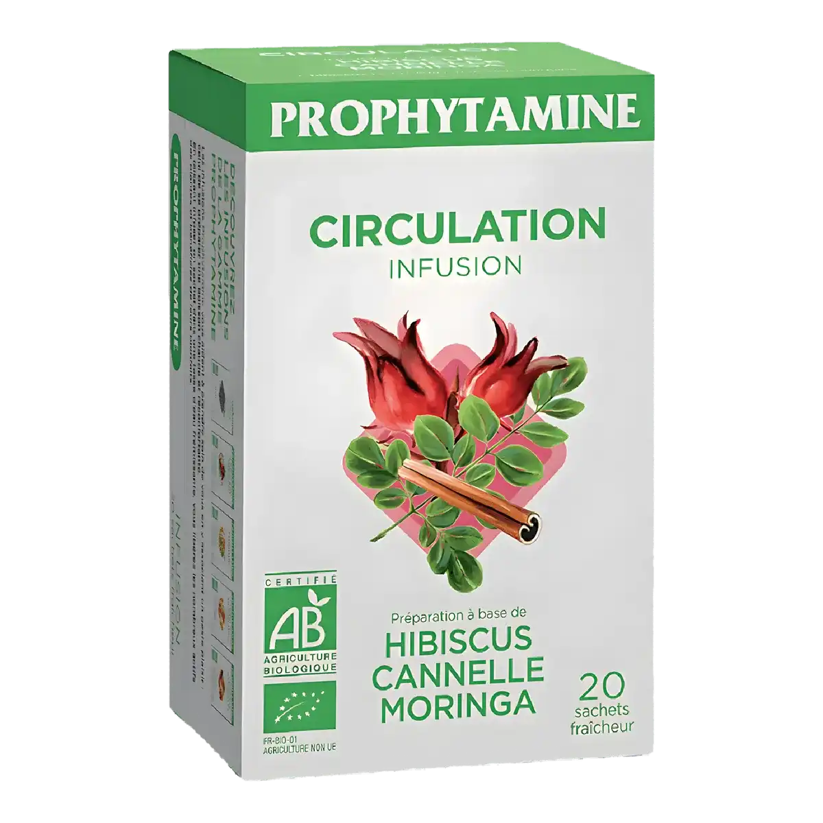 Boîte d'Infusion Circulation BIO PROPHYTAMINE avec hibiscus, cannelle et moringa. Infusion circulation bio pour bien-être naturel.