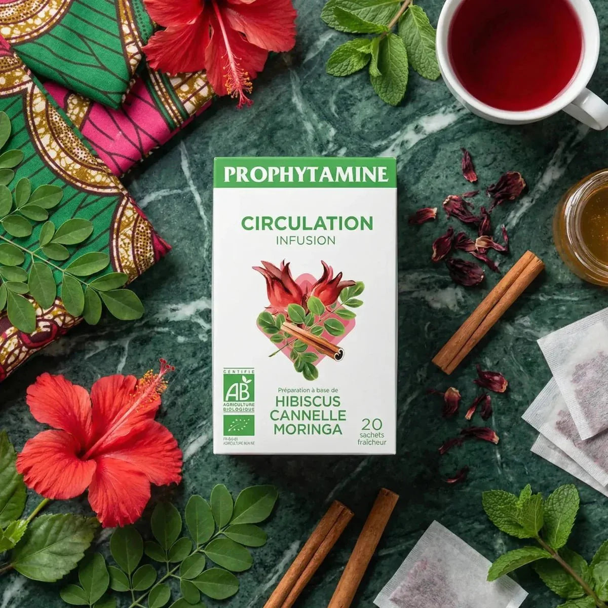 Infusie Circulatie BIO PROPHYTAMINE, zakje, kopje, honing, hibiscus, kaneel.