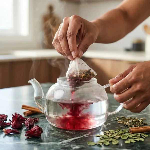 PROPHYTAMINE, Infusion Circulation BIO. Préparation d'une infusion rouge dans une théière en.