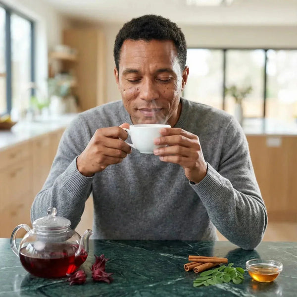 Homme savourant une infusion Circulation BIO PROPHYTAMINE. Théière, cannelle, miel sur une table.