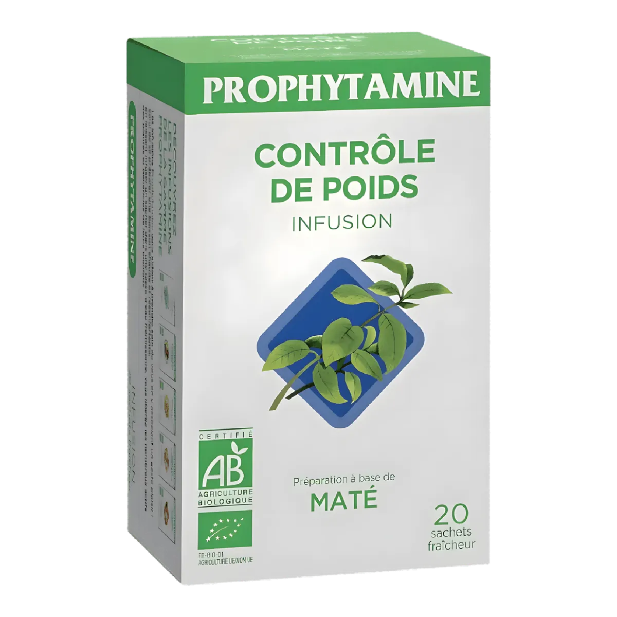 Infusion Contrôle Poids BIO PROPHYTAMINE à base de maté, boîte de 20 sachets pour perte de poids, certifiée Agriculture Biologique.