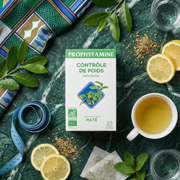 Thé PROPHYTAMINE Contrôle de Poids BIO. Composition avec tasse de thé, citron.