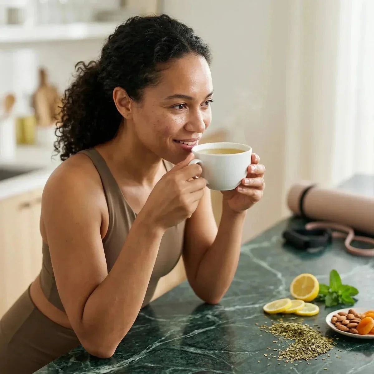 PROPHYTAMINE, Biologische Infusie voor Gewichtscontrole. Lachende vrouw drinkt een kopje, citroen, amandelen.