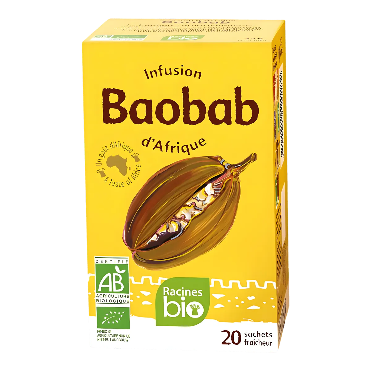 Infusion Baobab Bio - Infusion d'Afrique RACINES, boîte de 20 sachets fraîcheur, boisson douce et acidulée certifiée agriculture biologique.