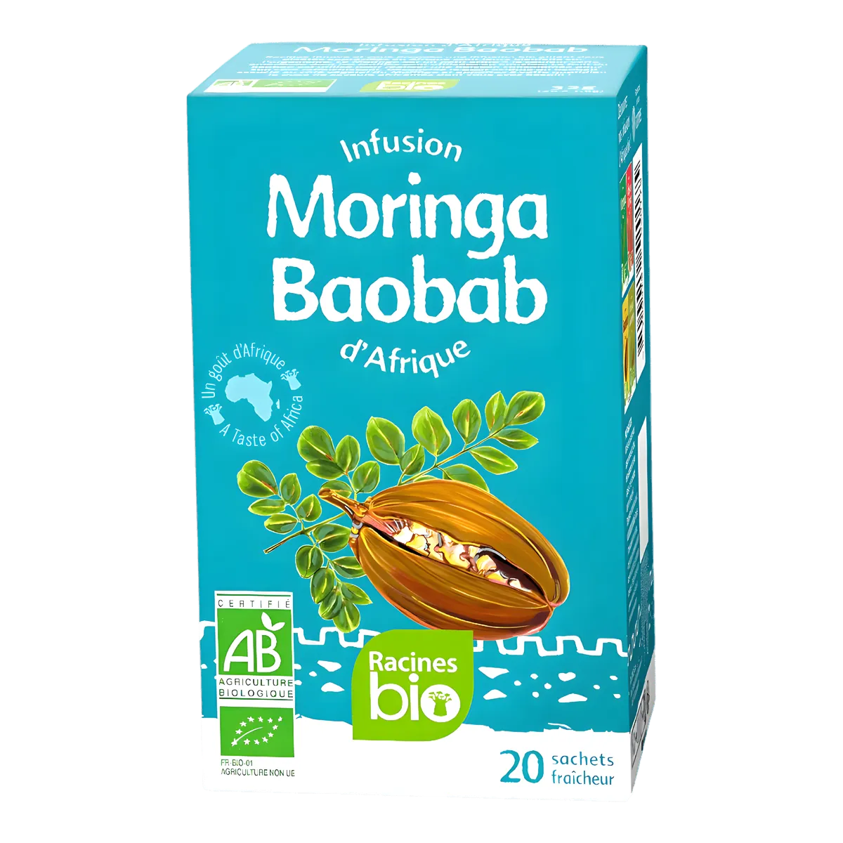 Boîte de l'Infusion Baobab Moringa BIO RACINES, 20 sachets, boisson nutritive à base de plantes africaines, certifiée agriculture biologique.