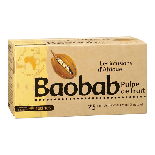 Infusiedoos "Baobab Vruchtvlees" Racines. Close-up van de verpakking in kraftkleur.