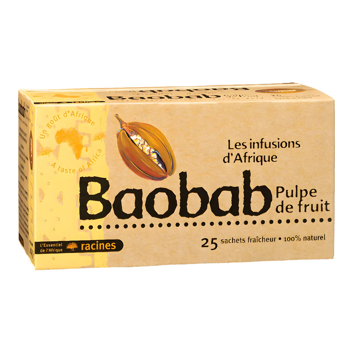 Boîte de 25 sachets d'infusion Baobab Racines, 100% naturel, aux bienfaits nutritifs et saveurs d'Afrique, idéale pour une boisson revitalisante.