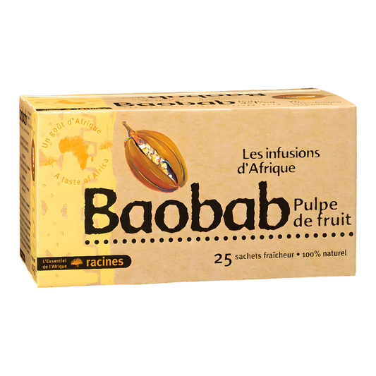 Boîte de 25 sachets d'infusion Baobab Racines, 100% naturel, aux bienfaits nutritifs et saveurs d'Afrique, idéale pour une boisson revitalisante.