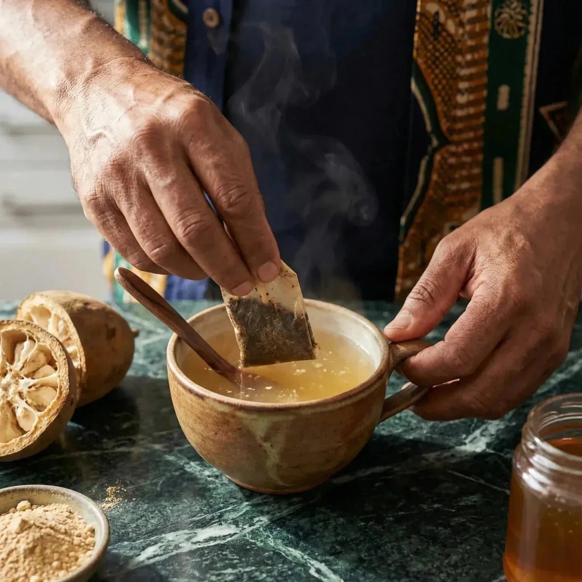 RACINES Infusie van Afrika baobab: een persoon bereidt een dampende kop, ingrediënten.
