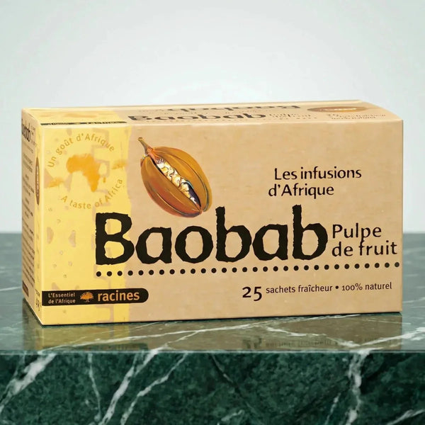 Infusion d'Afrique au baobab de RACINES, en emballage cartonné couleur kraft illustré d'une baie.