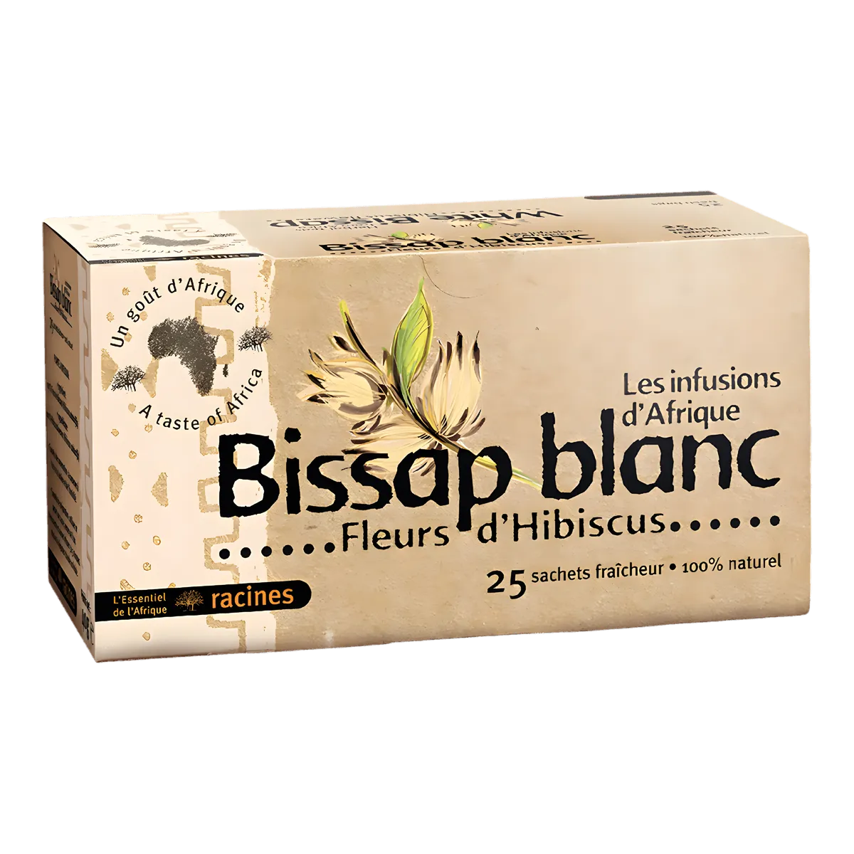 Boîte de 25 sachets d'infusion bissap blanc RACINES aux fleurs d'hibiscus, boisson rafraîchissante 100% naturelle d'Afrique.