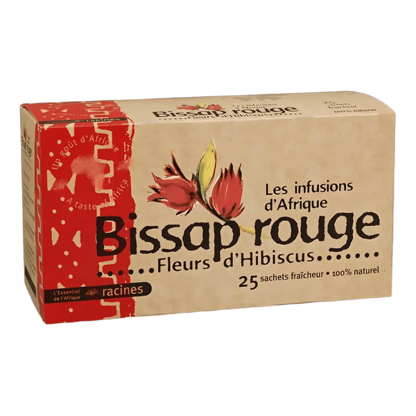 Boîte de tisane Bissap Rouge RACINES : infusion d'Afrique aux fleurs d'hibiscus.